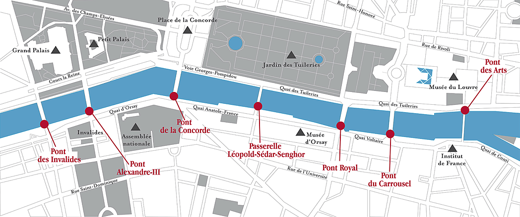 Map of Louvre to Invalides Bridges